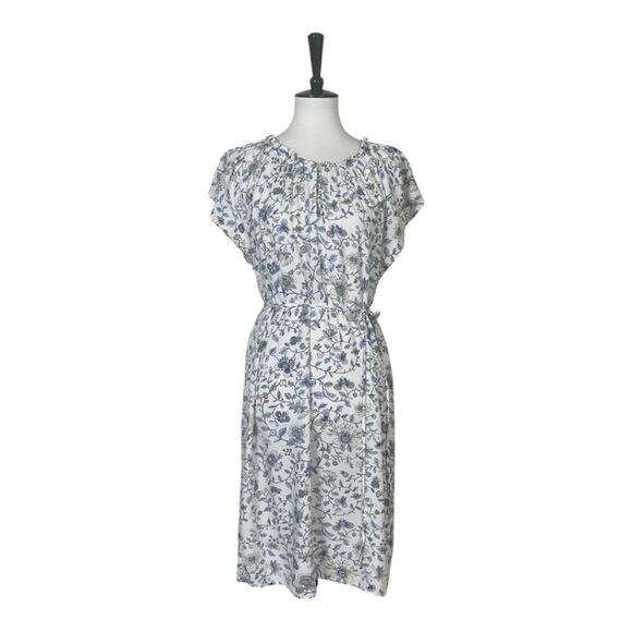 LOFT Dress Round Neck Tie Waist Short Sleeves White Blue Floral Women’s Size XL - Picture 10 of 10